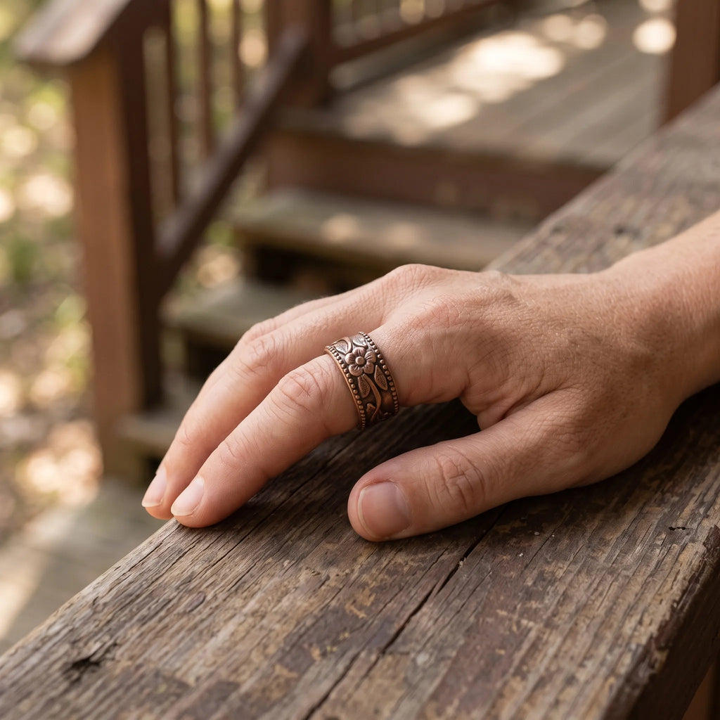 Caelum - Floral Embossed Open Cuff Ring Accessorizing Everyday Casual Or Work Outfits