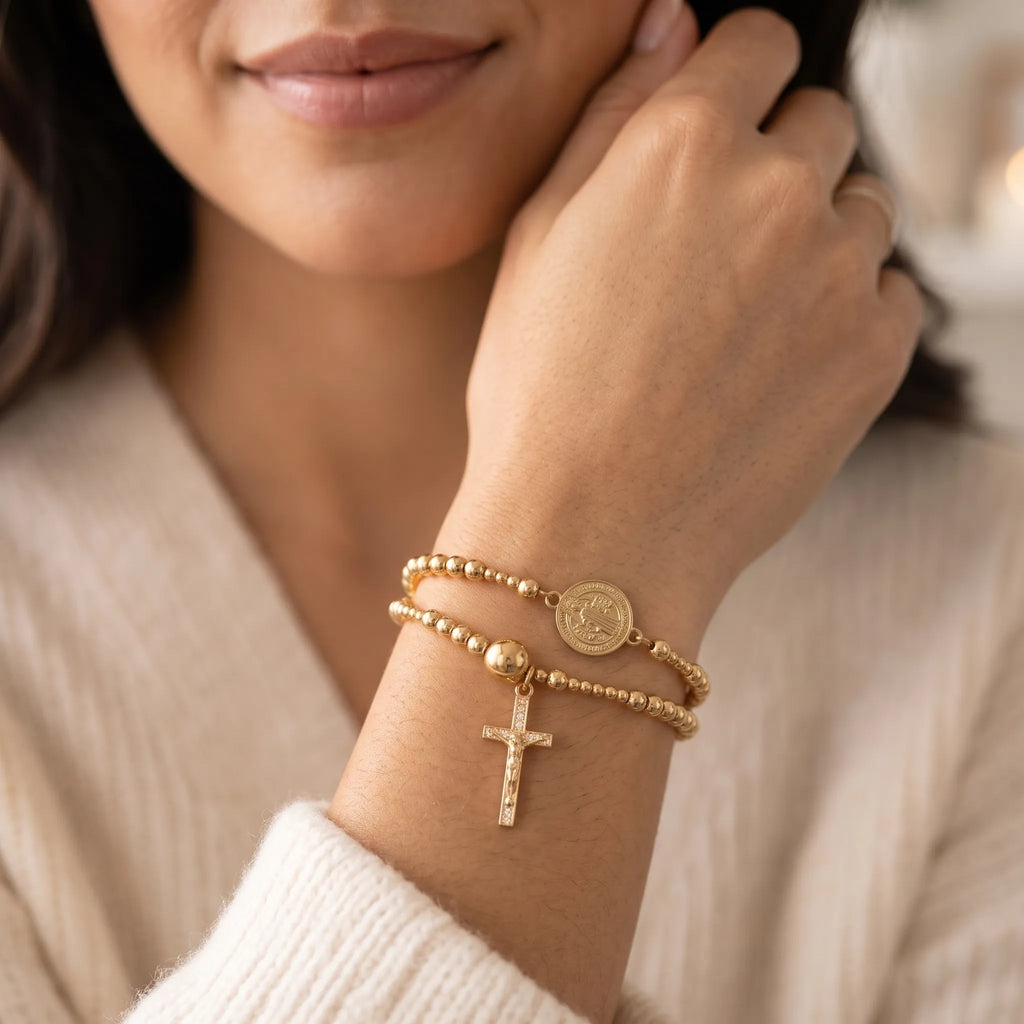 Corvine - Double Wrap Beaded Rosary Bracelet With Cross Charm Wearing As A Daily Religious Accessory
