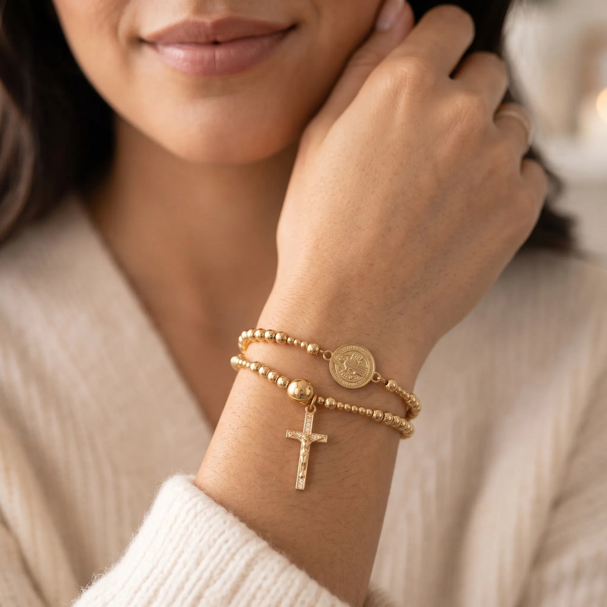 Corvine - Double Wrap Beaded Rosary Bracelet With Cross Charm Wearing As A Daily Religious Accessory