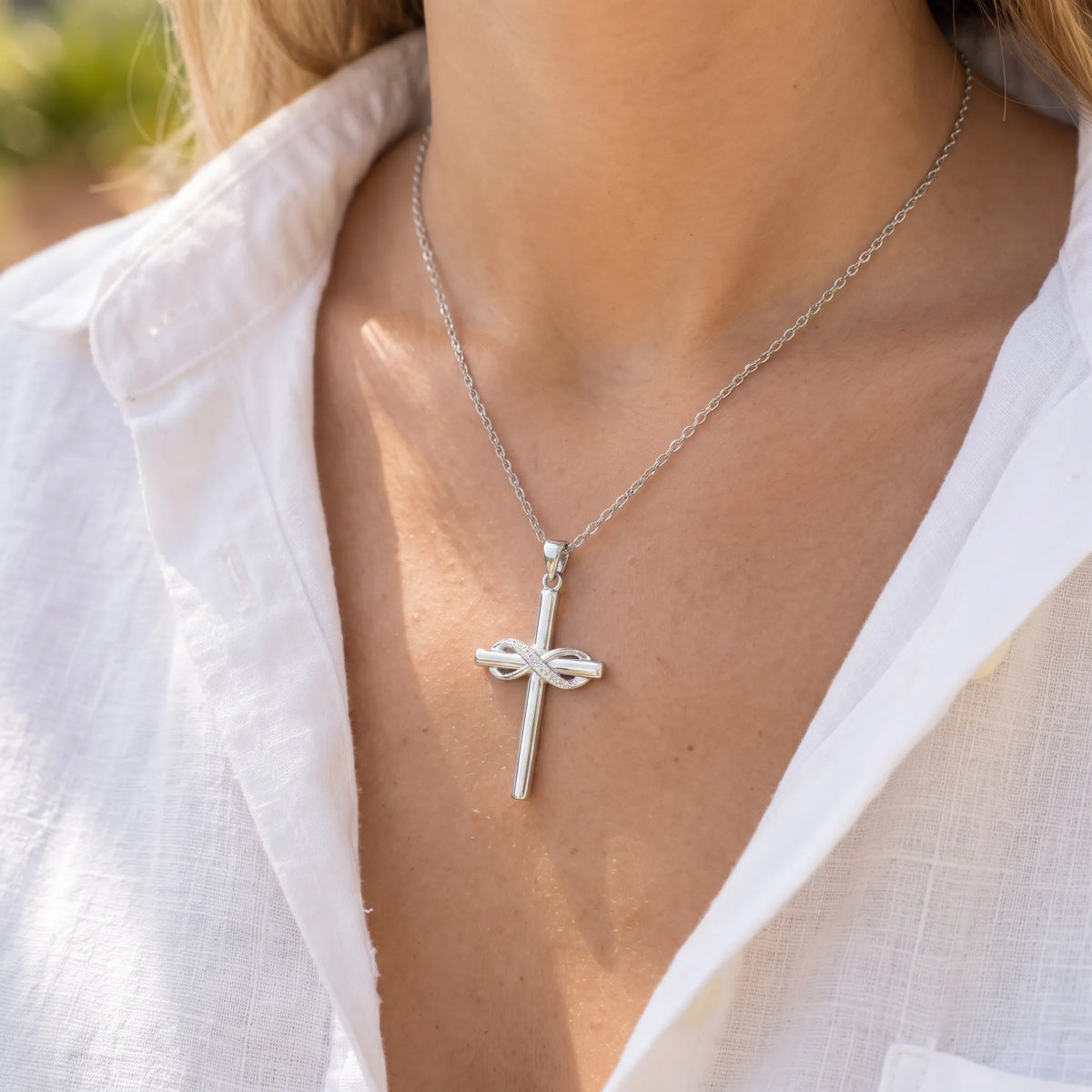 Daelune - Cross Pendant Necklace With Infinity Detail Wearing Every Day As A Simple Accessory