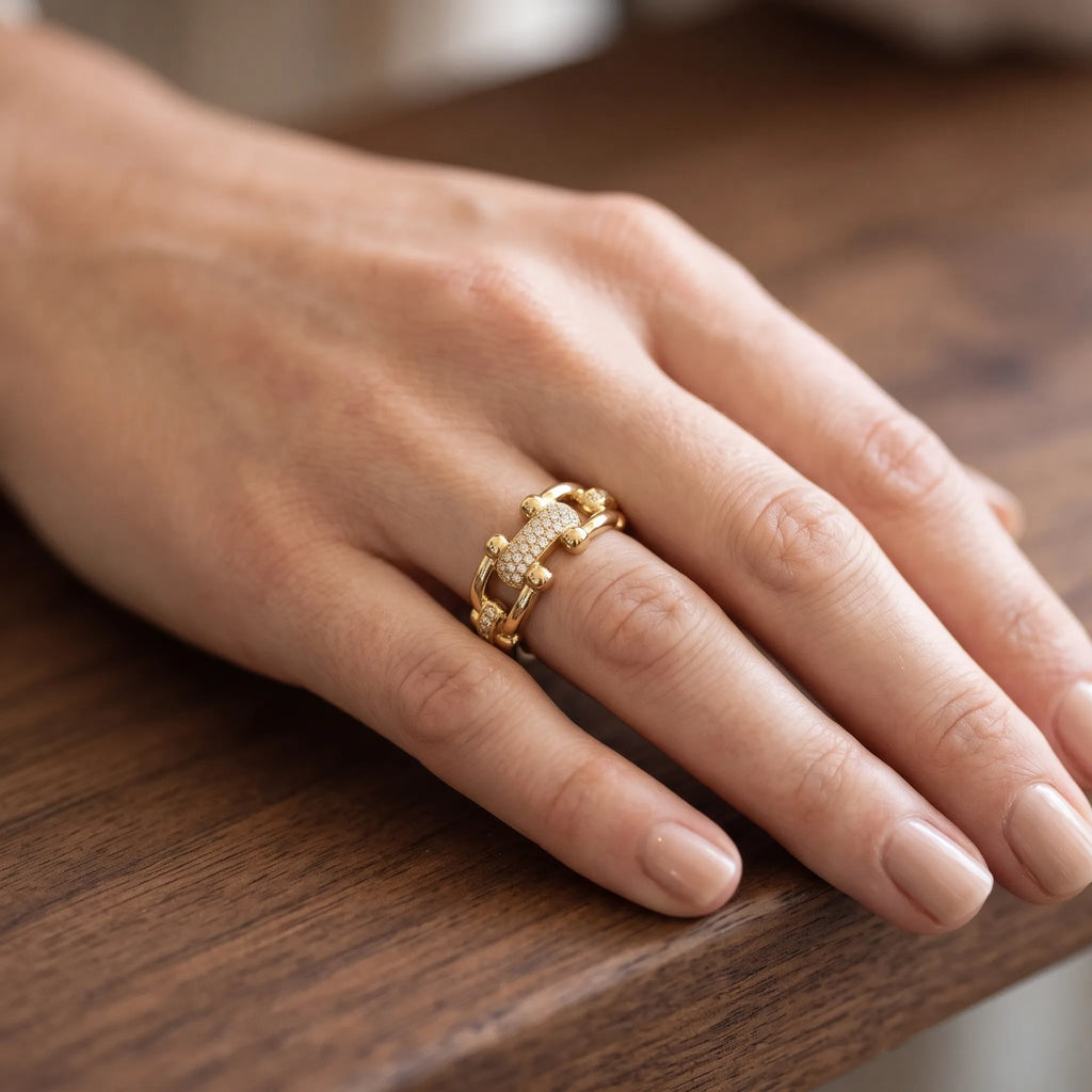 Linova - Open-Ended Chain Link Ring With Crystal Accents Stacking With Other Rings For A Layered Hand Look