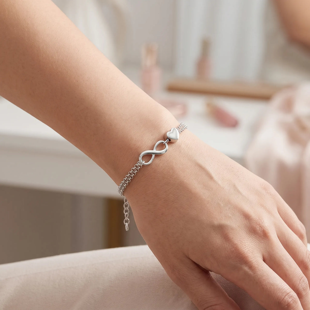 Nerivo - Dainty Infinity Heart Charm Bracelet Wearing Day To Day With Casual Outfits