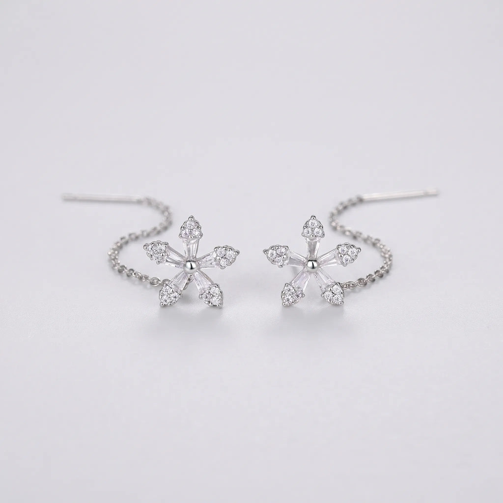 Petalin - Delicate Flower Threader Dangle Earrings Adding A Little Sparkle To An Everyday Outfit