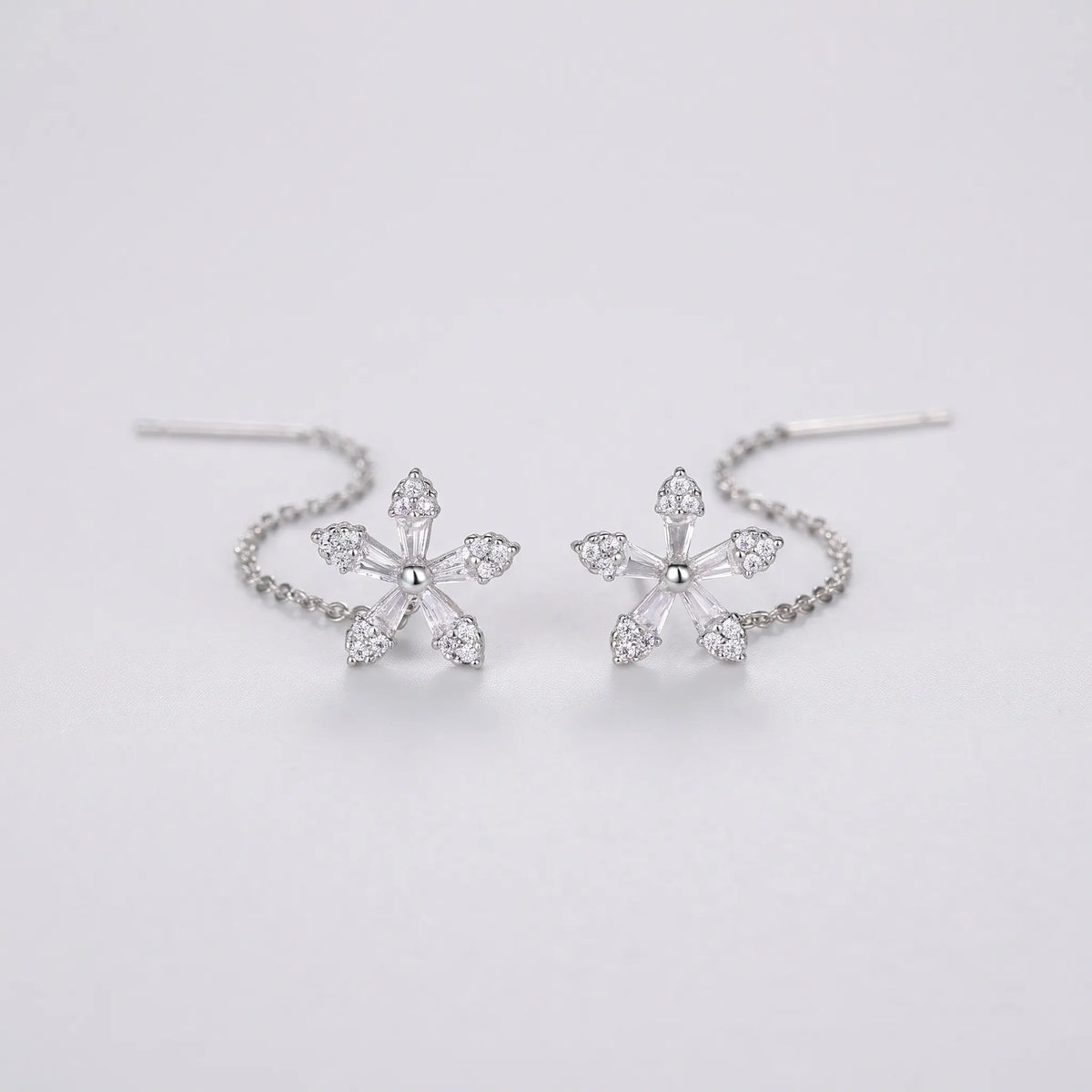Petalin - Delicate Flower Threader Dangle Earrings Adding A Little Sparkle To An Everyday Outfit