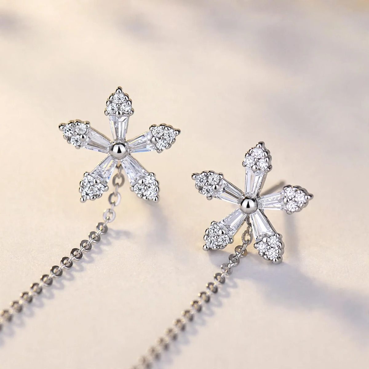 Petalin - Delicate Flower Threader Dangle Earrings Adding A Little Sparkle To An Everyday Outfit