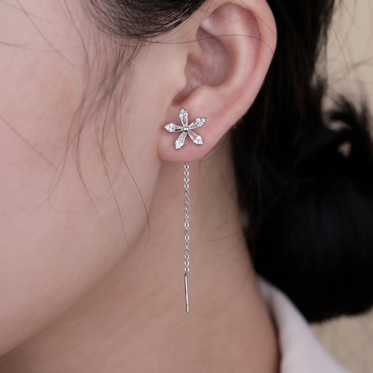 Petalin - Delicate Flower Threader Dangle Earrings Adding A Little Sparkle To An Everyday Outfit