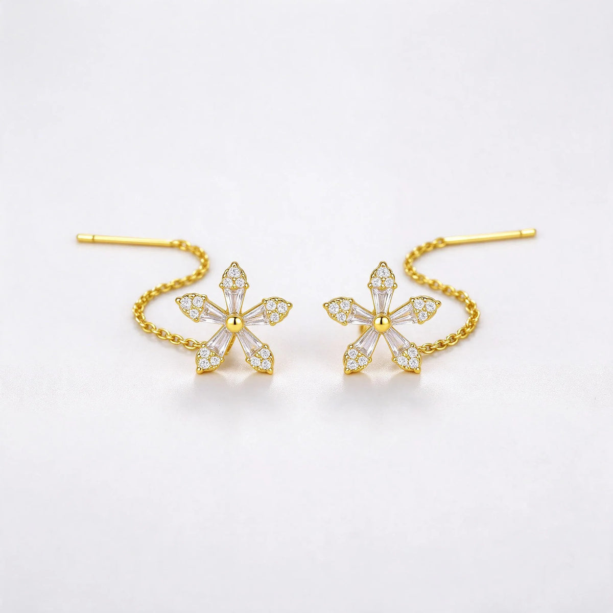 Petalin - Delicate Flower Threader Dangle Earrings Adding A Little Sparkle To An Everyday Outfit