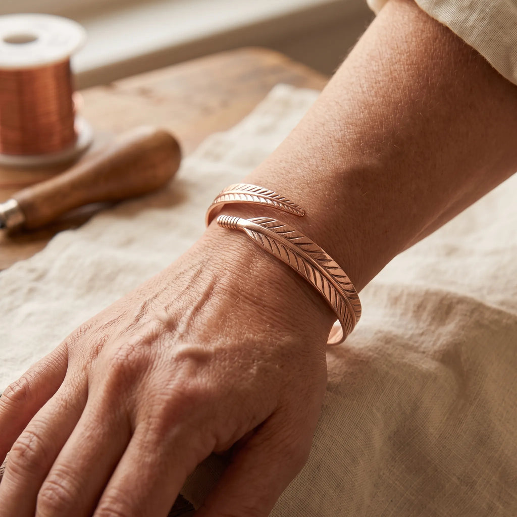 Plumira - Engraved Feather Open Cuff Bracelet Accenting Everyday Outfits