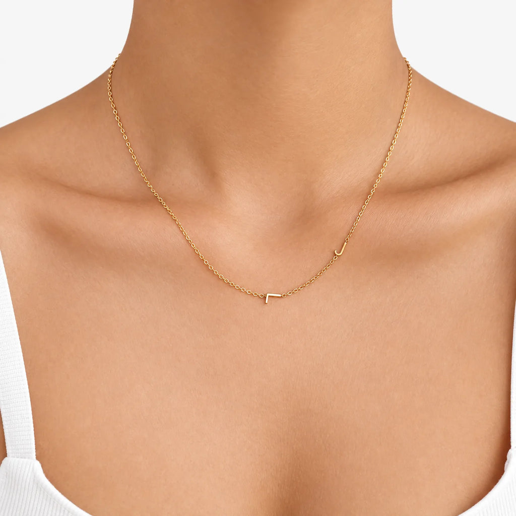 Tesira - Dainty Chain Necklace With Side Initial Wearing Every Day With Simple Tops And Sweaters