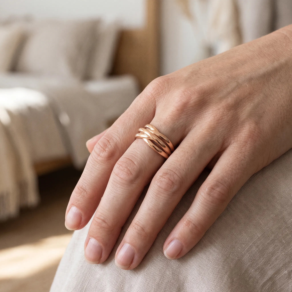Tessaly - Interlocking Triple Band Ring Wearing On Its Own For An Everyday Look