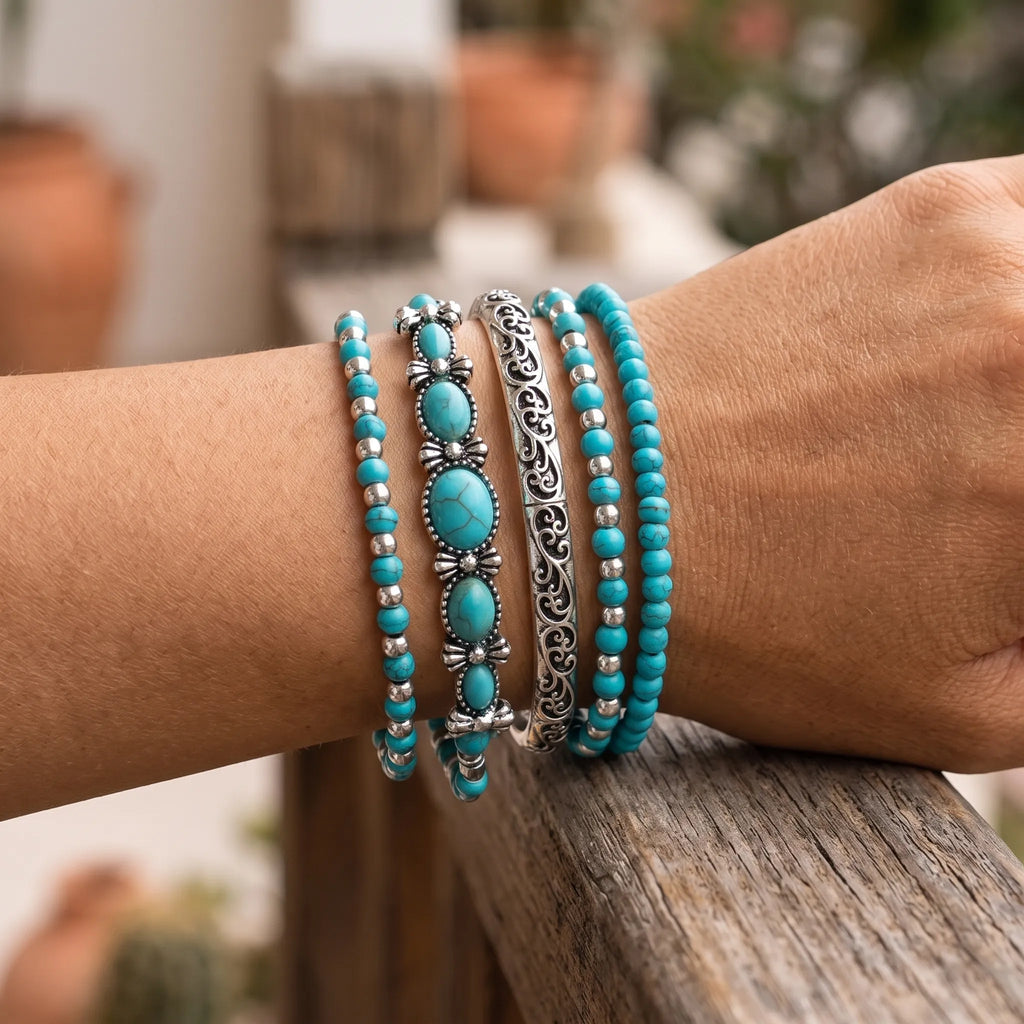 Tindra - Bohemian Turquoise Beaded Bracelet Set For Layering Stacking With Your Other Bracelets For A Layered Look