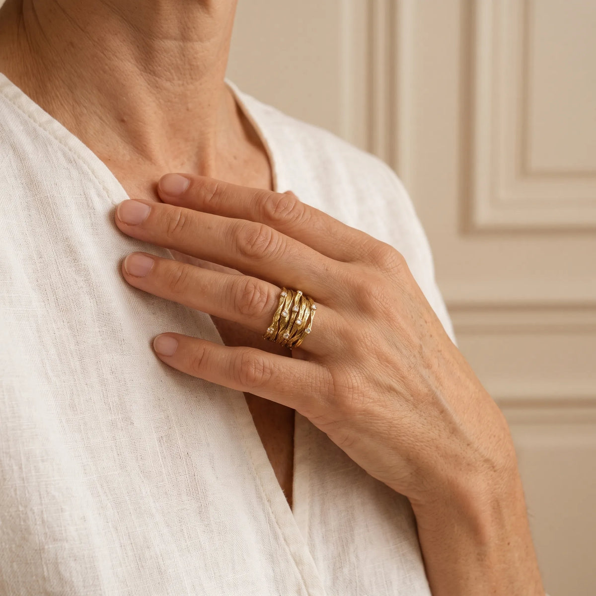 Trevina - Textured Woven Multi Band Ring Stacking With Everyday Jewelry Pieces