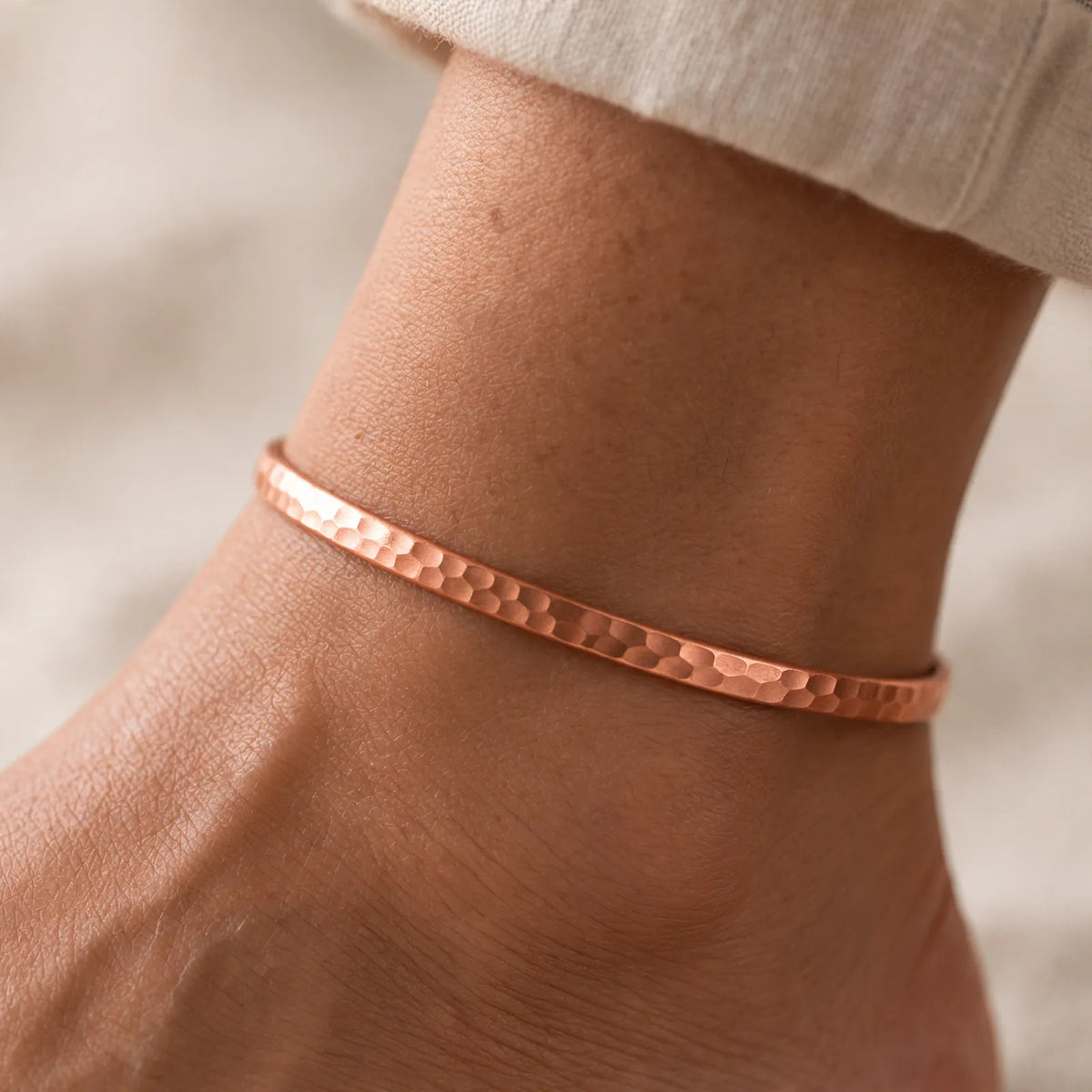 Vandori - Hammered Open Cuff Anklet Band Wearing Bare Against The Ankle Line