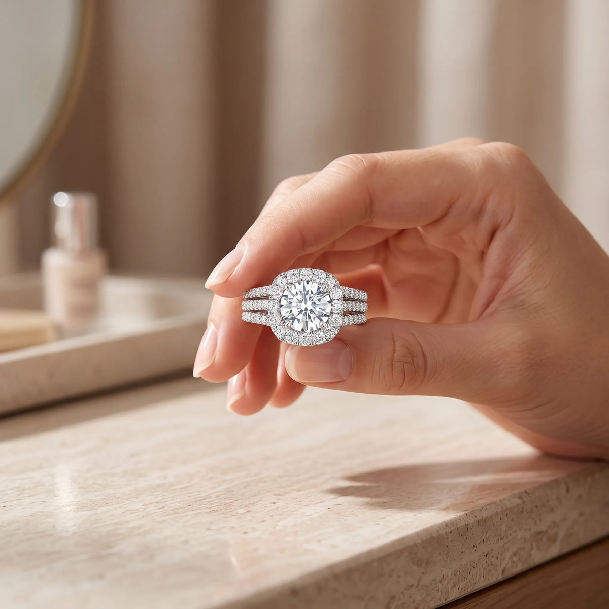 Veleria - Round Cut Pavé Halo Ring Styling For Romantic Evenings And Anniversaries