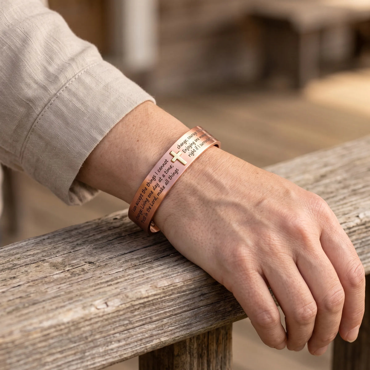Vellora - Open Cuff Prayer Bracelet Wearing As A Daily Inspirational Reminder