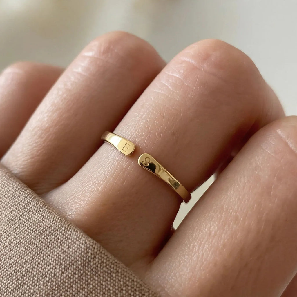 Vestane - Engraved Initial Ring, Adjustable Open Style Wearing Your Own Initials Every Day