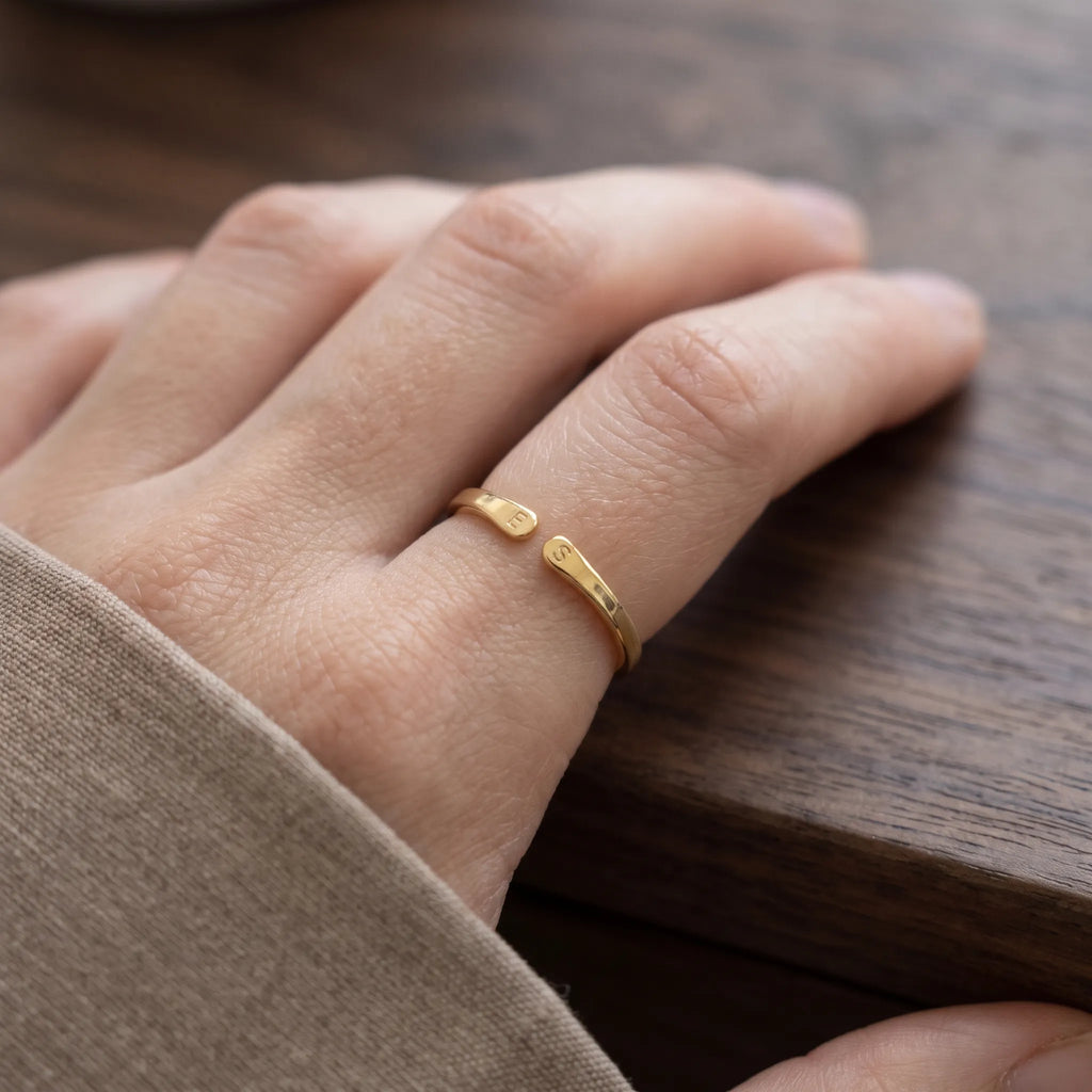 Vestane - Engraved Initial Ring, Adjustable Open Style Wearing Your Own Initials Every Day