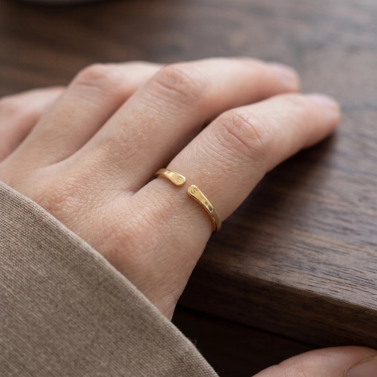 Vestane - Engraved Initial Ring, Adjustable Open Style Wearing Your Own Initials Every Day