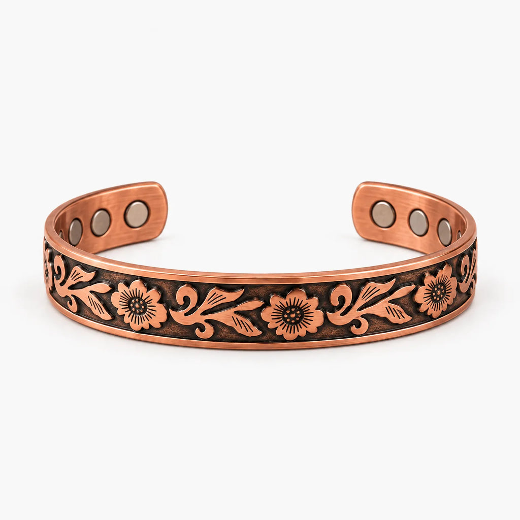 Vinelura - Floral Embossed Magnetic Cuff Bracelet Accessorizing Everyday Casual And Formal Outfits