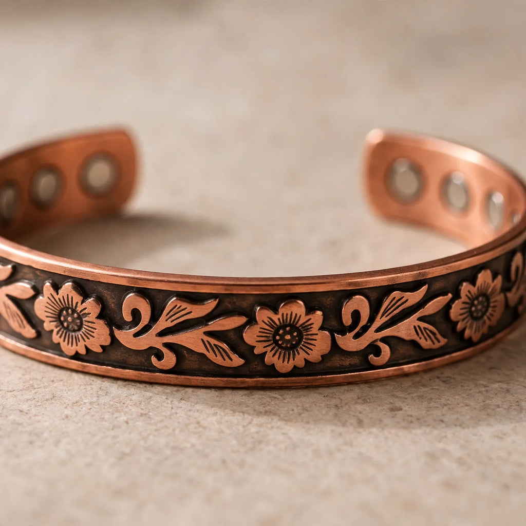 Vinelura - Floral Embossed Magnetic Cuff Bracelet Accessorizing Everyday Casual And Formal Outfits