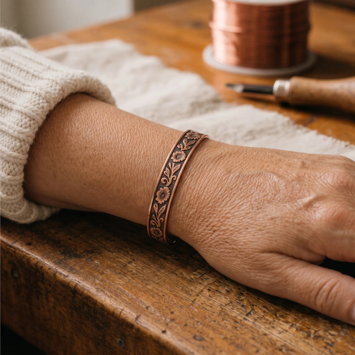 Vinelura - Floral Embossed Magnetic Cuff Bracelet Accessorizing Everyday Casual And Formal Outfits