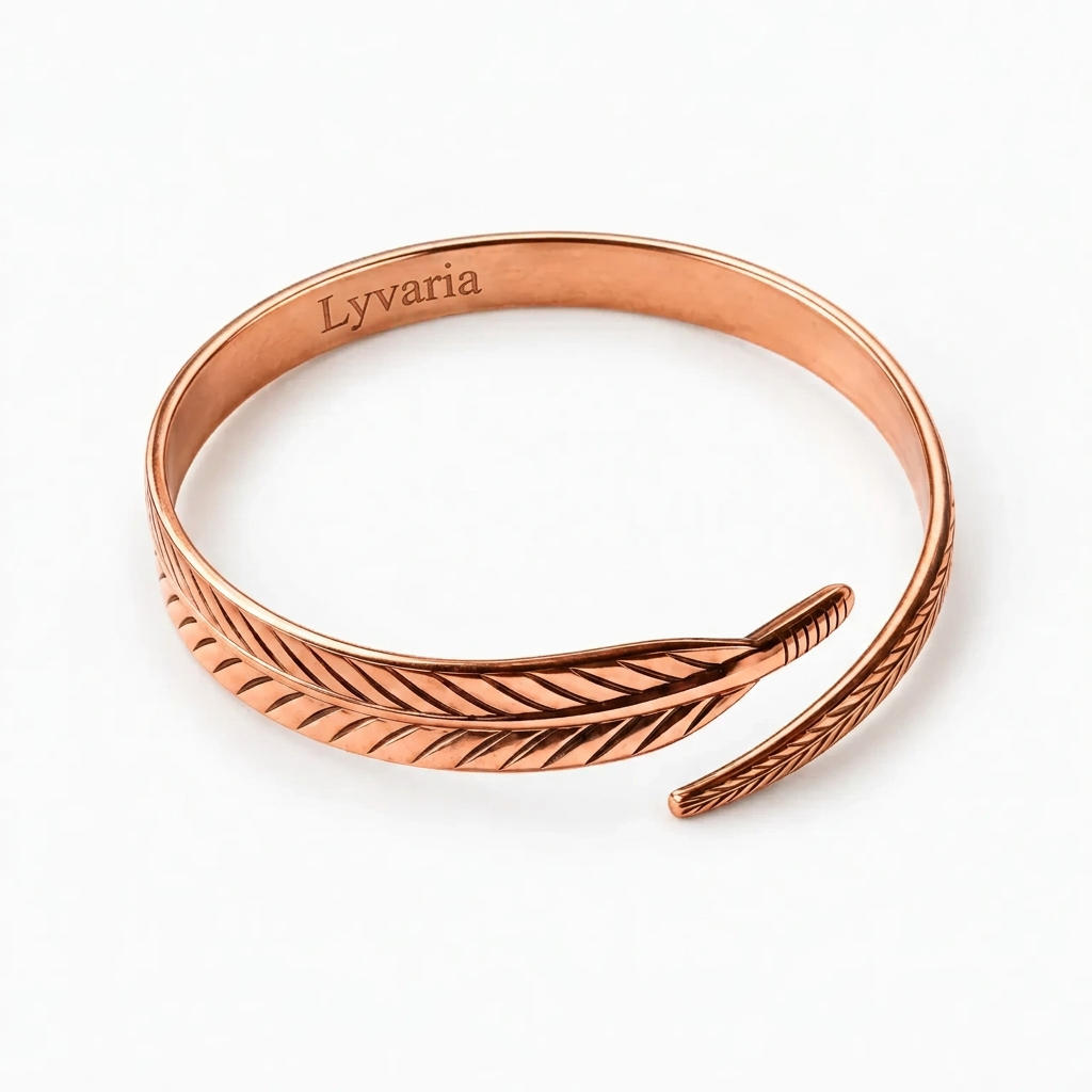 Plumira - Engraved Feather Open Cuff Bracelet Accenting Everyday Outfits