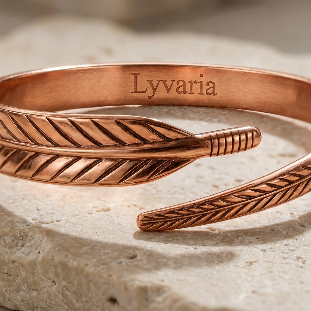 Plumira - Engraved Feather Open Cuff Bracelet Accenting Everyday Outfits